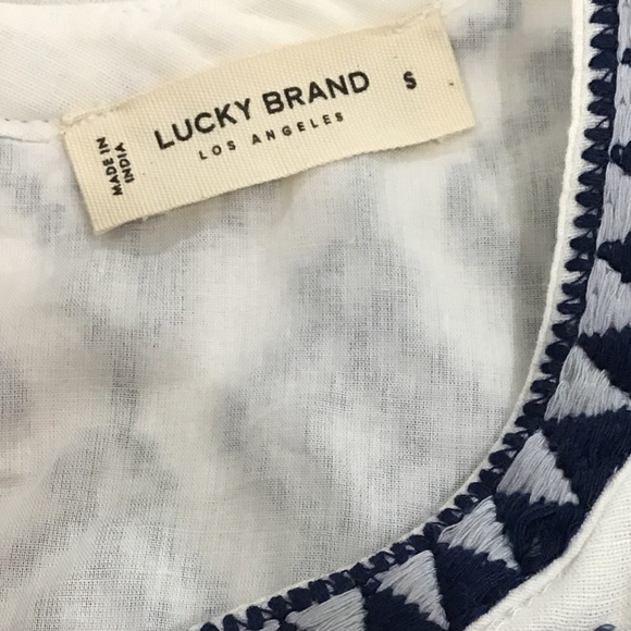 Lucky Brand Boho Blue Embroidered White Cotton Linen Blend Shift Dress Sz Small - Picture 10 of 12